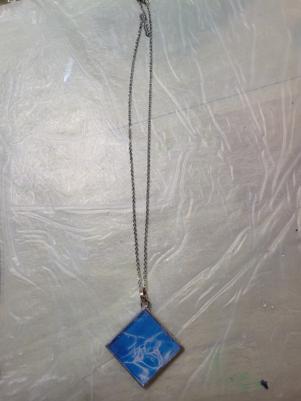 Silver Chain Necklace with Blue Marbled Diamond Pendant